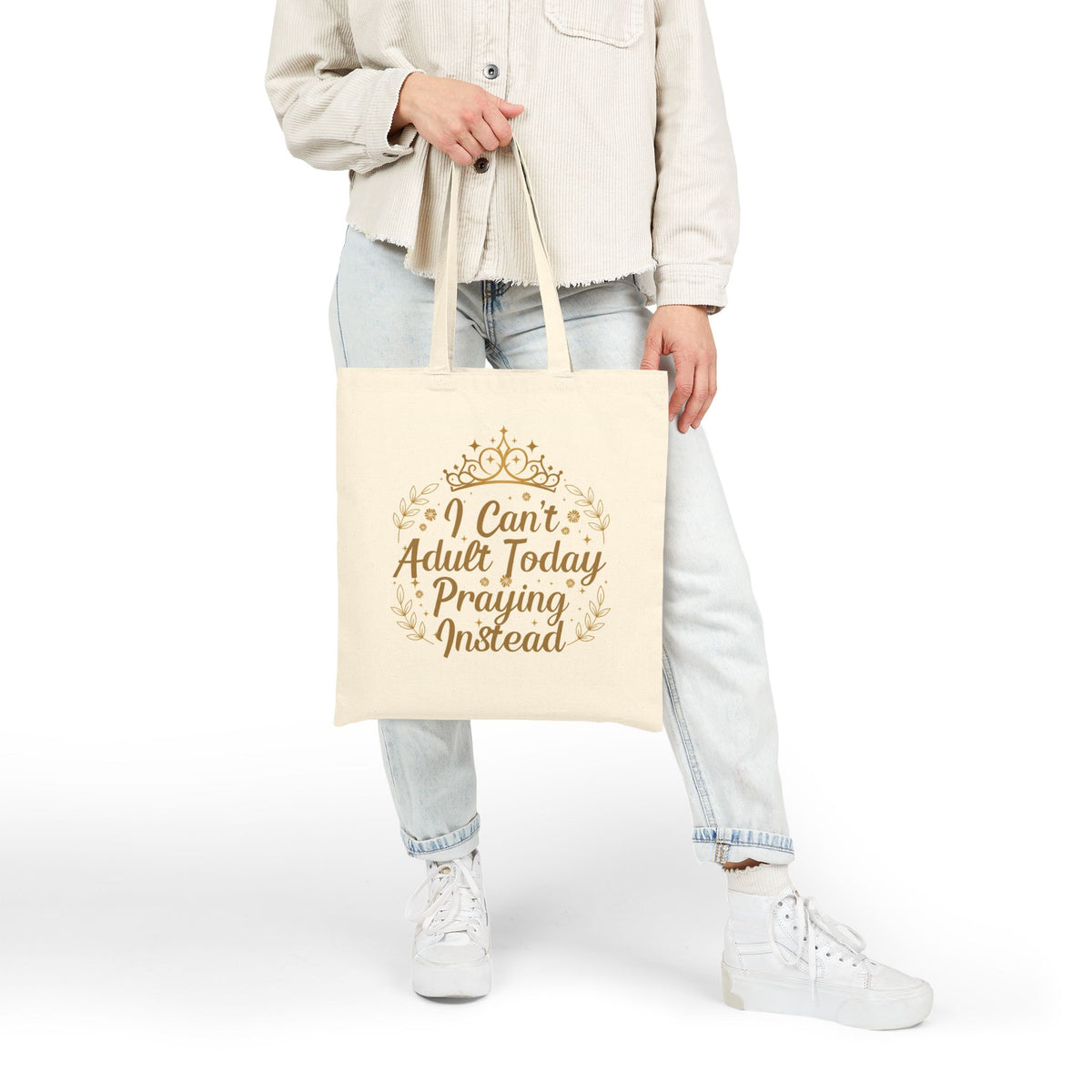 Cotton canvas prayer tote with gold crown and floral design
