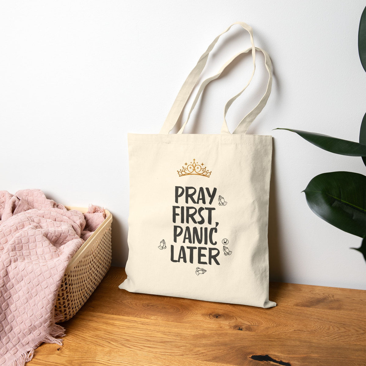 Durable canvas shopping tote with faith-inspired design
