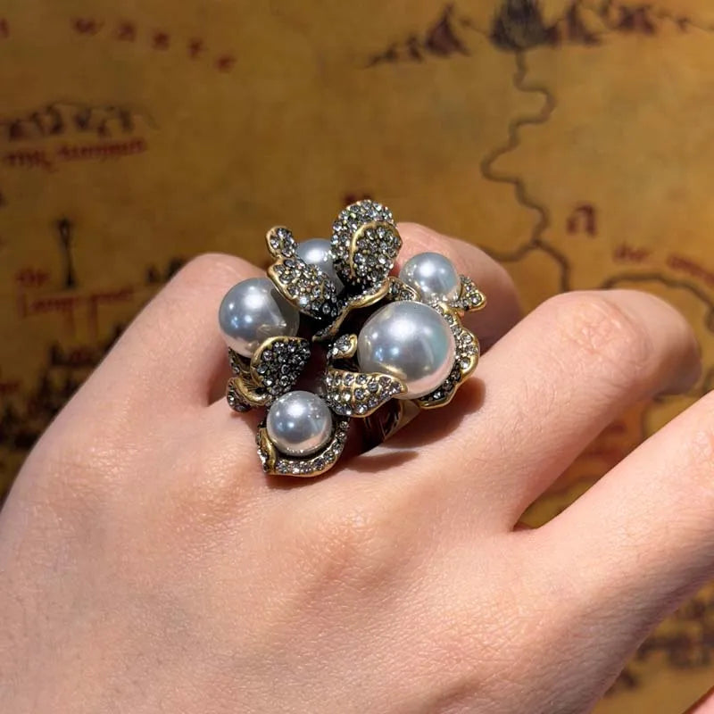 Vintage Flower Pearl Ring — 18k Gold-Plated Luxury Cocktail Ring | NonaEve