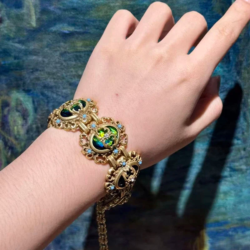 Vintage Green Opal Wrap Bracelet — Antique Gold Hollow Flower – Jewelry | NonaEve