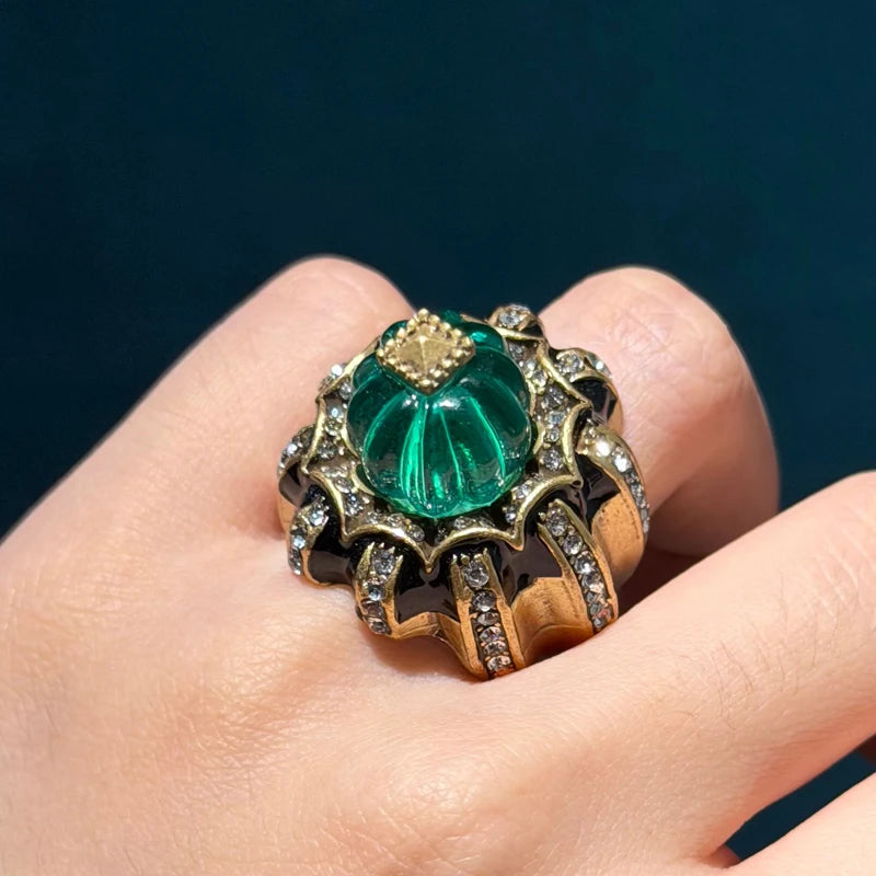 Vintage Pumpkin Ring — Green Resin & Gold Rhinestone Cocktail Ring – Jewelry | NonaEve