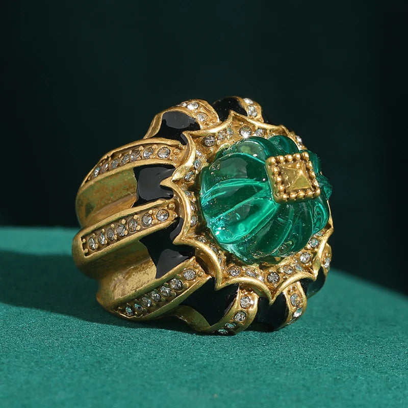 Vintage Pumpkin Ring — Green Resin & Gold Rhinestone Cocktail Ring – Jewelry | NonaEve