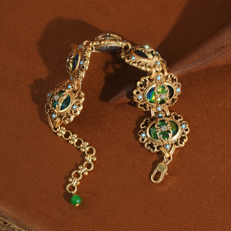 Vintage Green Opal Wrap Bracelet — Antique Gold Hollow Flower – Jewelry | NonaEve