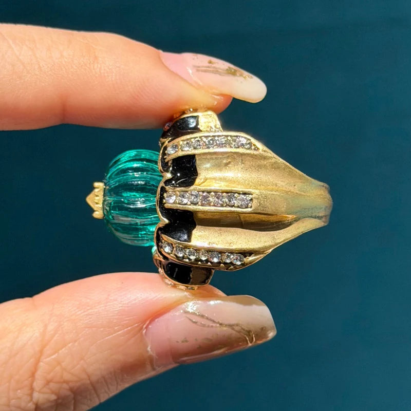 Vintage Pumpkin Ring — Green Resin & Gold Rhinestone Cocktail Ring – Jewelry | NonaEve