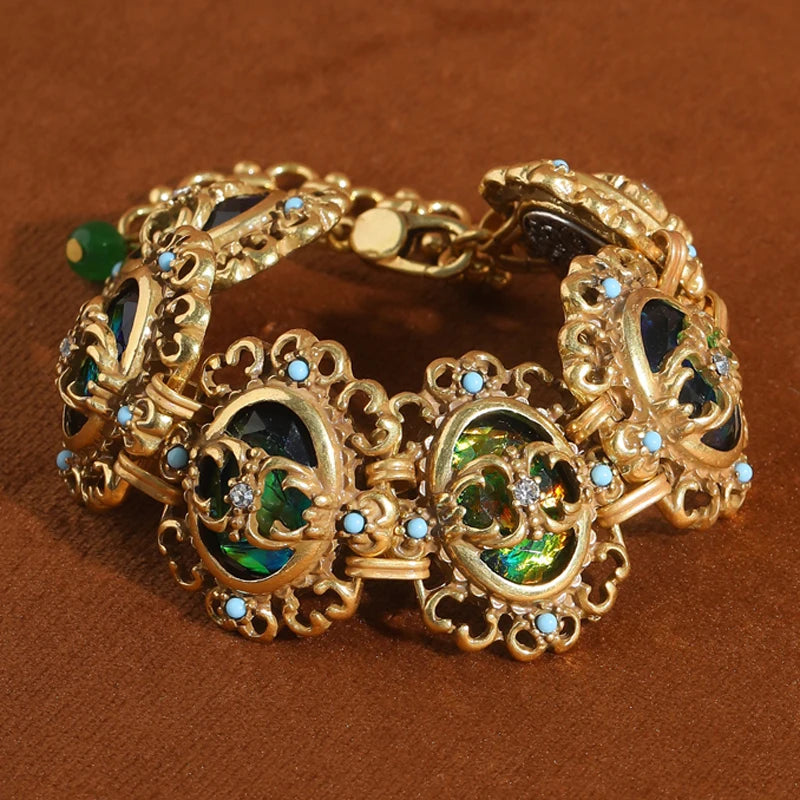 Vintage Green Opal Wrap Bracelet — Antique Gold Hollow Flower – Jewelry | NonaEve