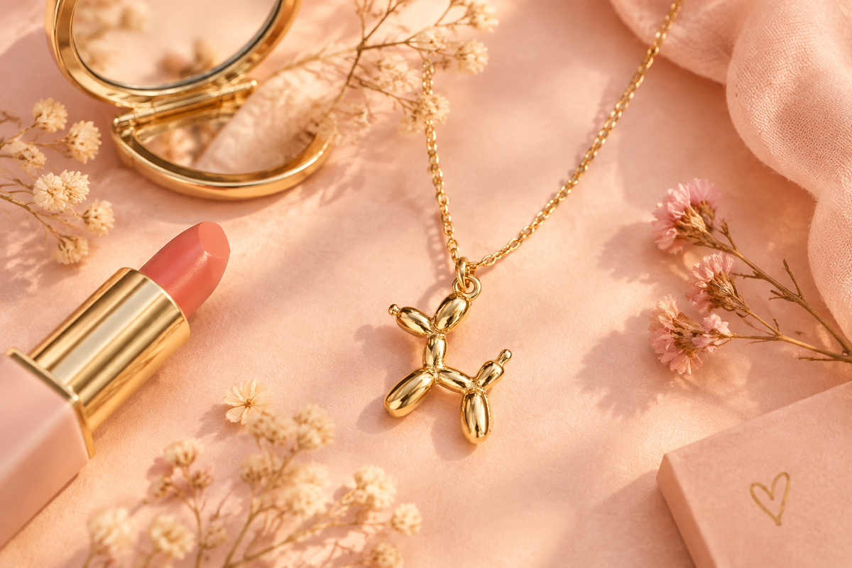 Soft pink, peach and gold flat-lay hero image with the balloon dog necklace