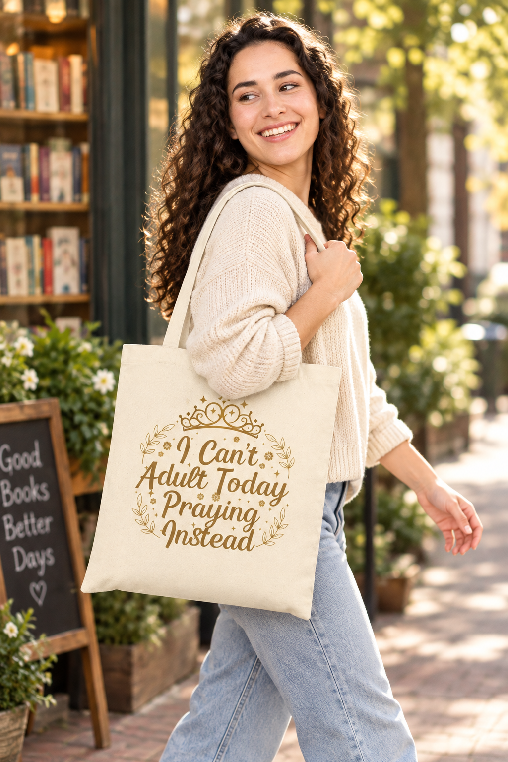 Woman carrying the I Can’t Adult Today, Praying Instead tote