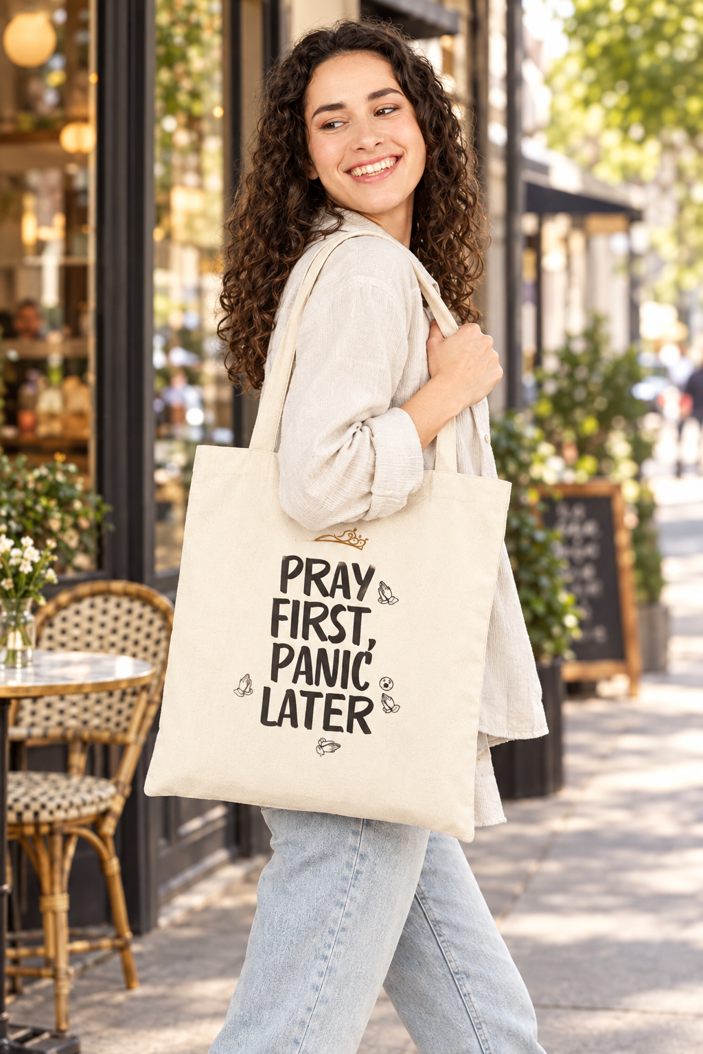 Woman carrying the Pray First, Panic Later tote