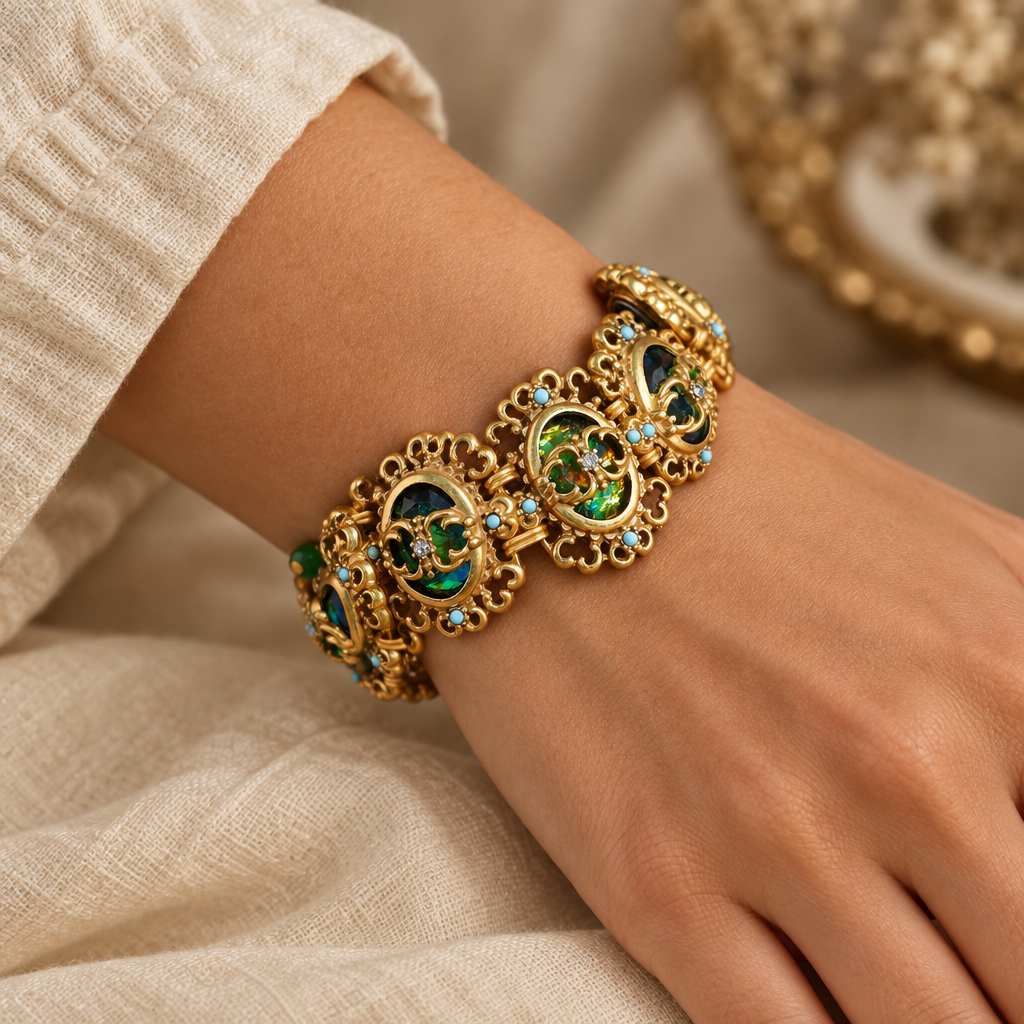 Woman wearing the vintage gold gemstone bracelet